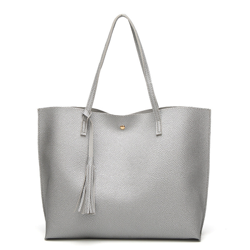 Womens Soft Leather Tote Shoulder Bag Big Capacity Tassel Handbag-Silver