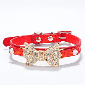 Pet Bling Diamond Giltter Leather Fashion Collar With Tow Rope for Small Dogs Cat Party Gifts-Red