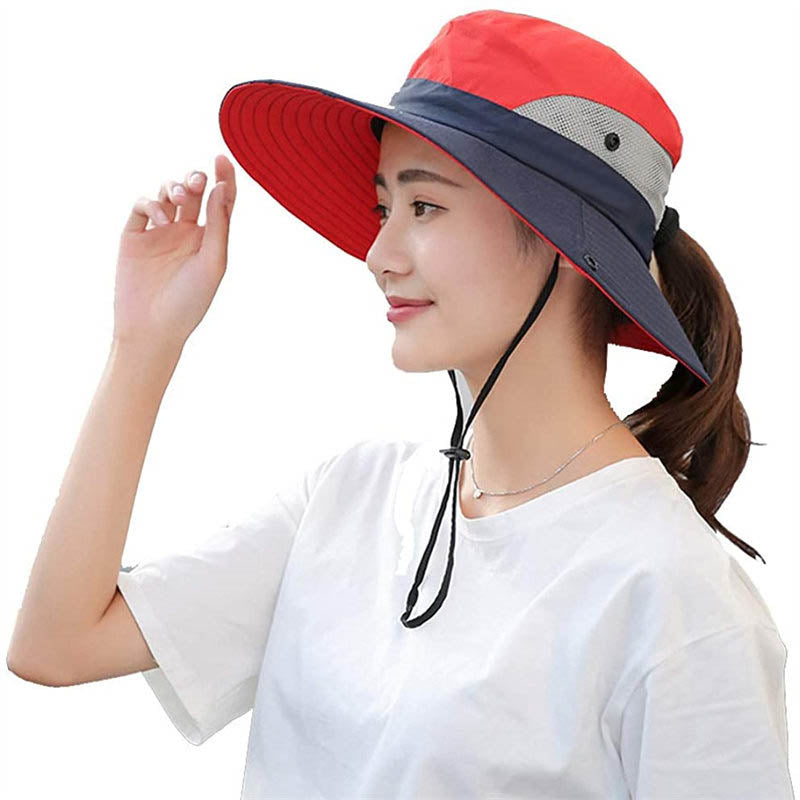 Women's UV Protection Wide Brim Sun Hat-Cool Mesh Foldable Travel Outdoor Fishing Hat-Red+NavyBlue