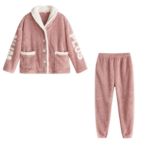 Womens Winter Fleece Pajamas Set Warm Loungewear-Pink