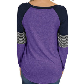 Womens Color Block Round Neck Tunic Top Casual Long Sleeve Shirt-Purple