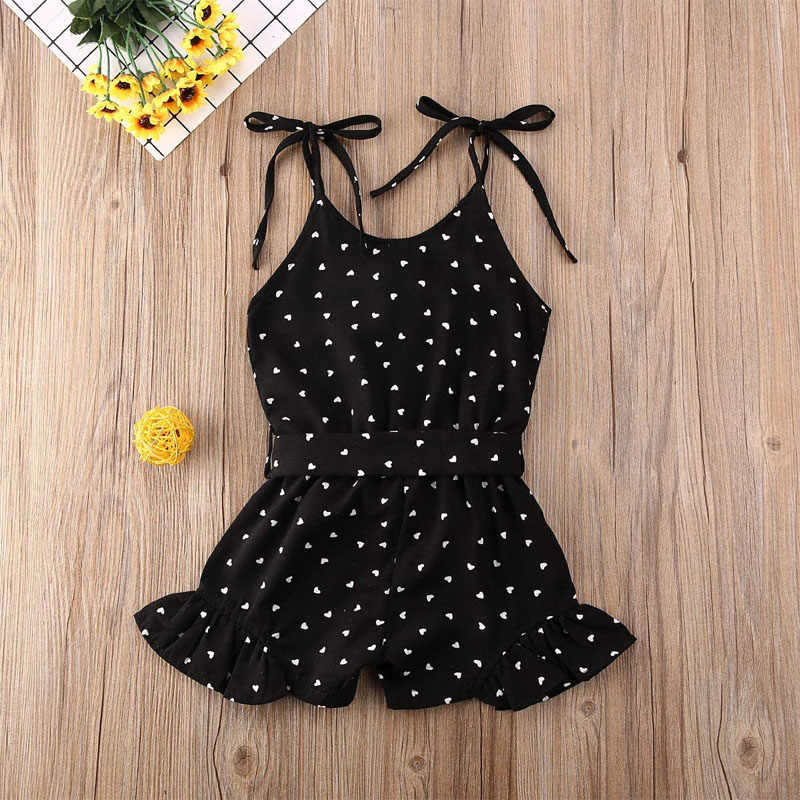 Baby Girl Clothes Self Tie Sleeveless Romper Heart Shape Print Jumpsuit-Black