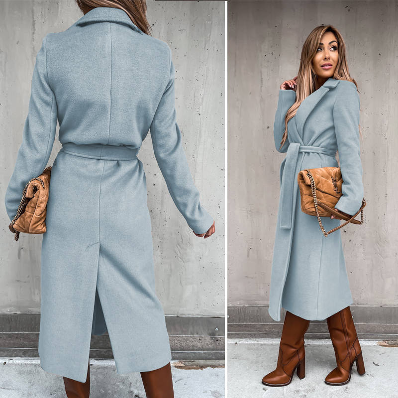 Womens Trench Coats Lapel with Tie Belt Fashion Winter Long Outwear-Sky Blue