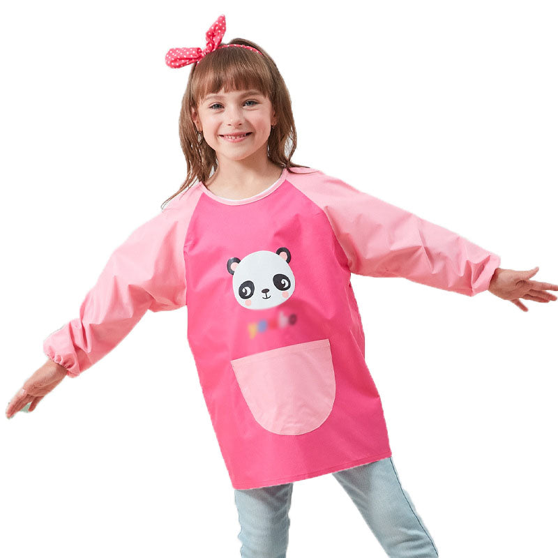 Cartoon Panda Waterproof Long Sleeved Art Apron For Painting-Rose Red