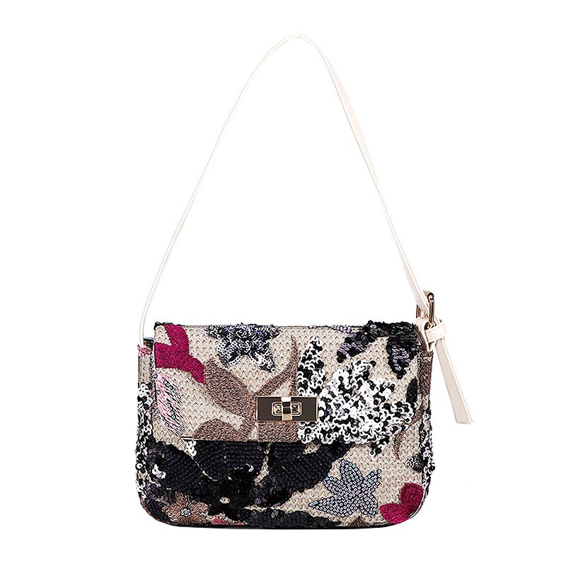 Womens Premium Shoulder Bag Embroidery Sequin Craft Purse-XXF-Black