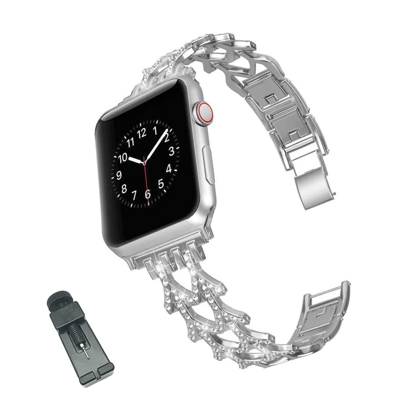 SFJ Watch Band Diamond Rhinestone Stainless Steel Wristbands for Apple IWatch Series 1/2/3/4/5/6/SE For Women-Silver