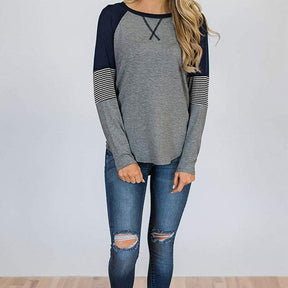 Womens Color Block Round Neck Tunic Top Casual Long Sleeve Shirt-Gray