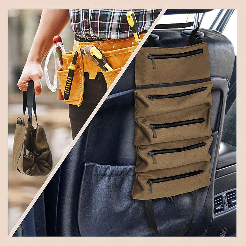 Multi-Purpose Roll up Tool Bag Organizer for Car Camping Gear-Khaki