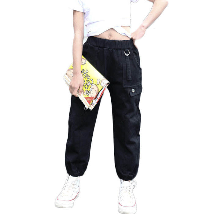 Girls Joggers Long Pants Pockets Outdoor Casual Trousers Iron Ring-Black