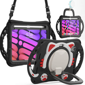 CatB Silicone Case For iPad Mini 6 Shockproof Shoulder Strap Handle Stand-Black Red
