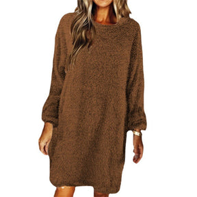 Solid Color Plush Long Sleeve Round Neck Loose Casual Dress-Brown