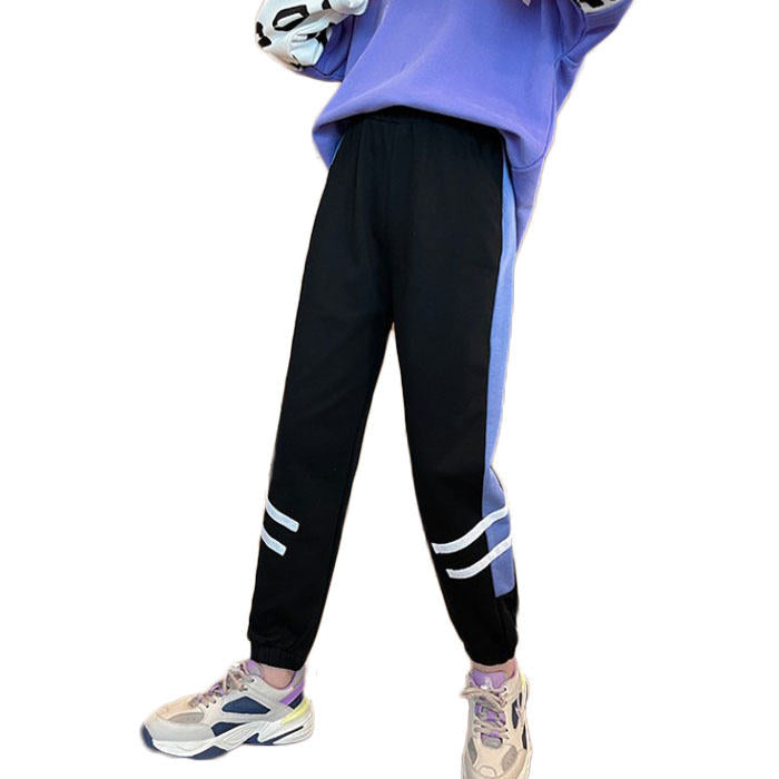 Girls Joggers Long Pants Pockets Outdoor Casual Trousers Two Bars-Black