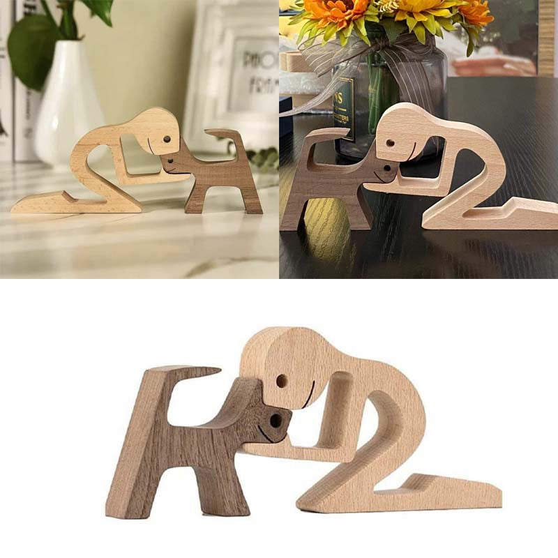 Men and Dog Wooden Statue Bedroom Home Decoration-5