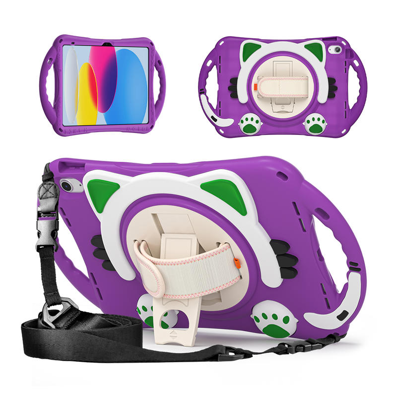 Cat Tablet Case For iPad 10th Rugged with Shoulder Strap-Purple