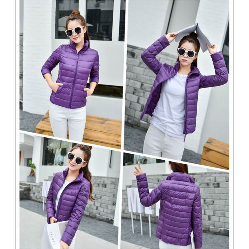 Lookbook Womens Lightweight Puffer Jacket Winter Stand Collar Short Coat-Purple