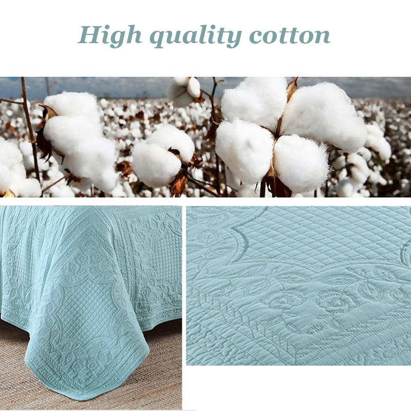 Queen Size Comforter Cover Embroidery Square Blue Quilt With 2 Pillow Cases