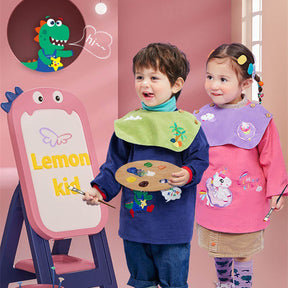 Cartoon Kids Corduroy Smock Detachable Bib for Drawing Cooking-Navy Blue Dinosaur