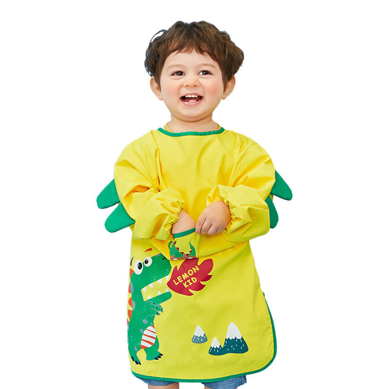 Kids Art Smocks Long Sleeve Painting Aprons with Pockets-Yellow Dinosaur