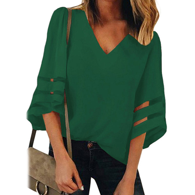 Womens V Neck 3/4 Sleeve Blouse Mesh Panel Shirt Solid Flowy Loose Top-Green