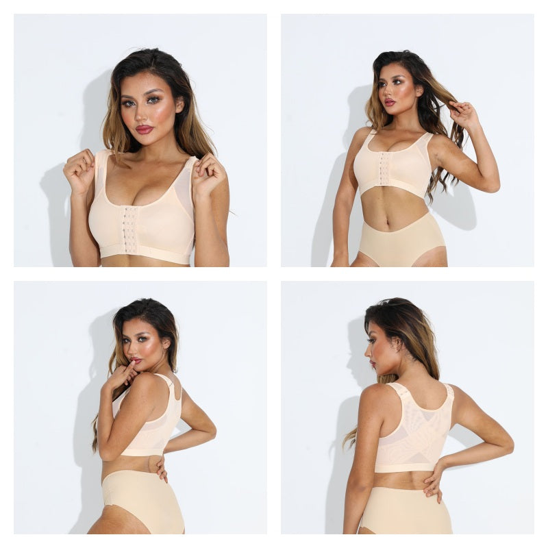 Wireless Sports Bra Front Adjustable Closure Crop Shapewear-Beige