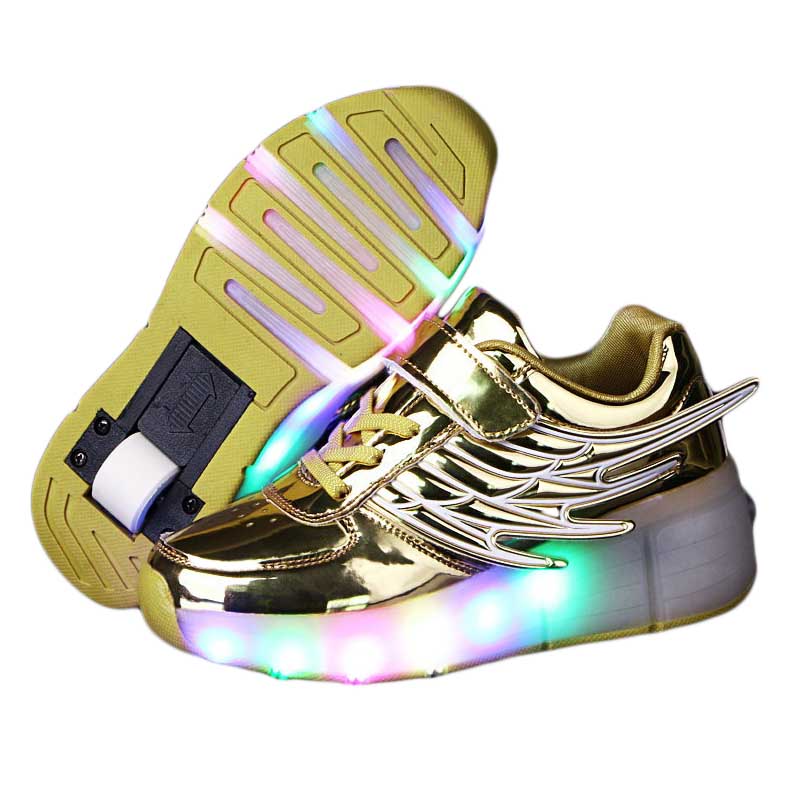 Kids LED Roller Skate Shoes Boys Girls Sneakers with Single Wheel-K02-Golden