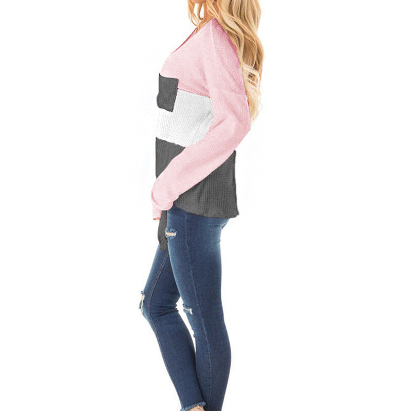 Womens Long Sleeve V-neck Autumn T-shirt Loose Top with Pockets-Pink