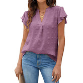 Womens Ruffle Shirts V Neck Short Sleeve Pom Chiffon Blouses Tops-Purple