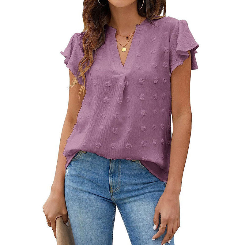 Womens Ruffle Shirts V Neck Short Sleeve Pom Chiffon Blouses Tops-Purple