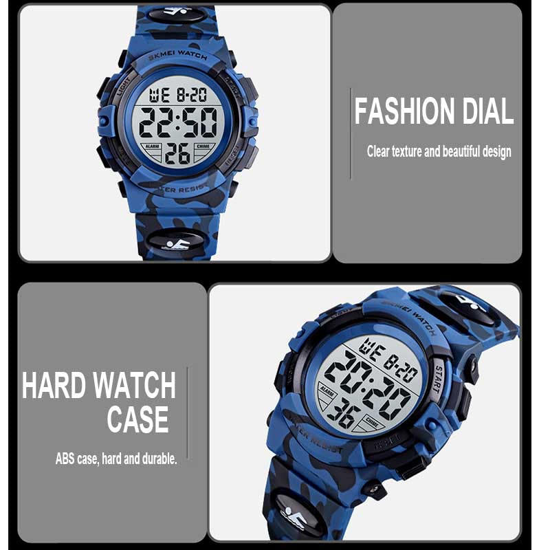 Kids Camouflage Digital Watch Outdoor Sports Waterproof Electronic Watches-LightBlue