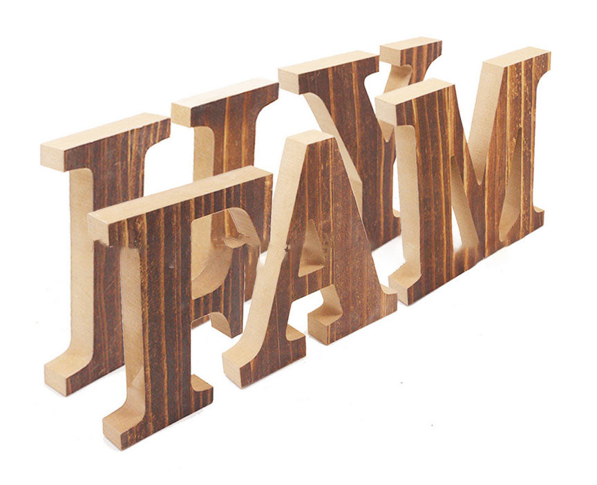 Rustic Brown Vintage Wood Tabletop Family Block Cutout Letters Sign