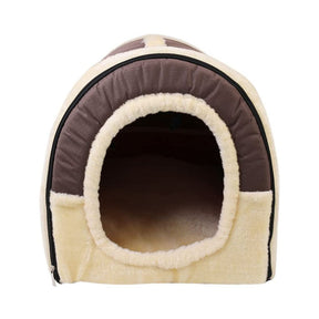 2 in 1 Foldable Cave House Shape Pet Sleeping Bed for Cats and Small Dogs-Brown