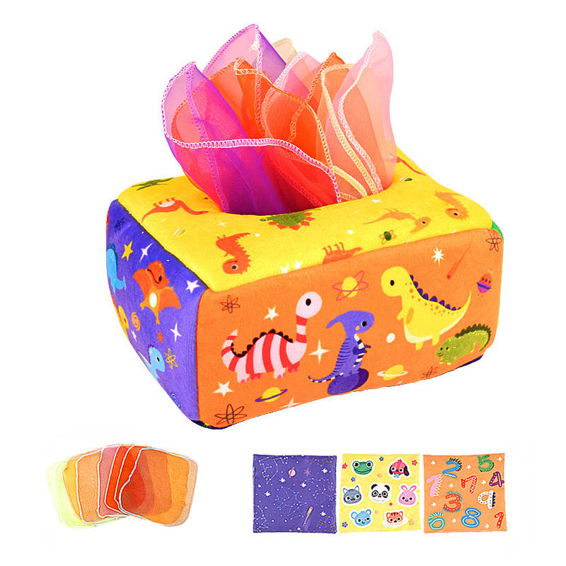 Baby Tissue Box Toy Crinkle Paper Sensory Silk Scarves Toys for 0-3 Year Old Kids-DinosaurB