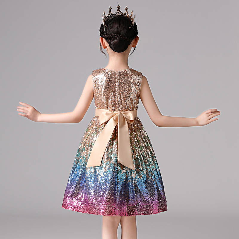 Girls Shiny Sequins Birthday Party Dance Dress-Champagne