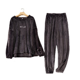 Crew Neck Flannel Pajamas Set for Women-Dark Grey