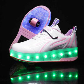 Double Wheel Roller Skate Shoes Light Up Sneakers for Boys Girls-Pink White