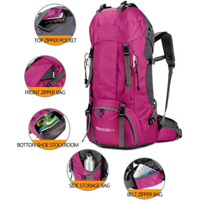 60L Waterproof Lightweight Hiking Backpack with Rain Cover for Climbing Camping-Rose Red