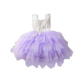 Little Girl Lace Flower Tutu Dress Backless Wedding Flower Girl Dress-Purple