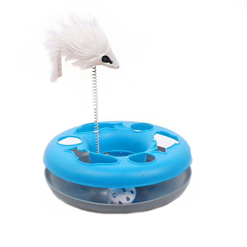 Interactive Cat Toy Scratching Spring Mouse Turntable with  Exercise Bell Balls-Blue