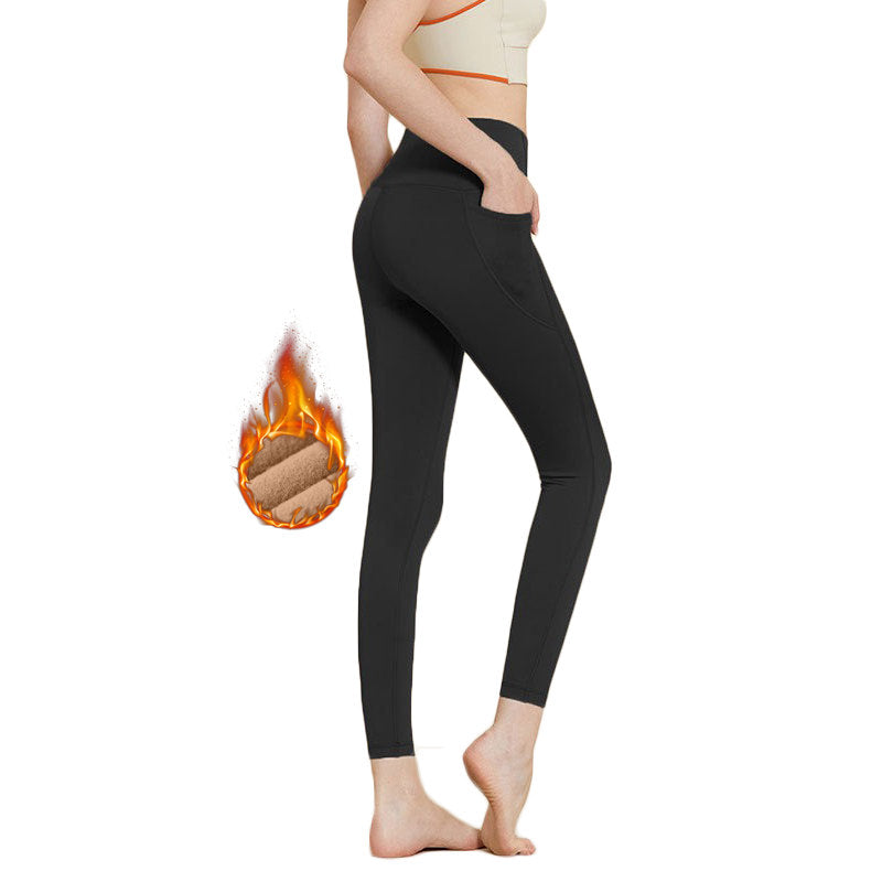 Womens Legging with Pockets High Waisted Fleece Lined Workout Pants-Black