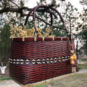 Retro Weave Womens Bamboo Handbag Handmade Large Tote Bag Wicker Basket Bag-White Flower