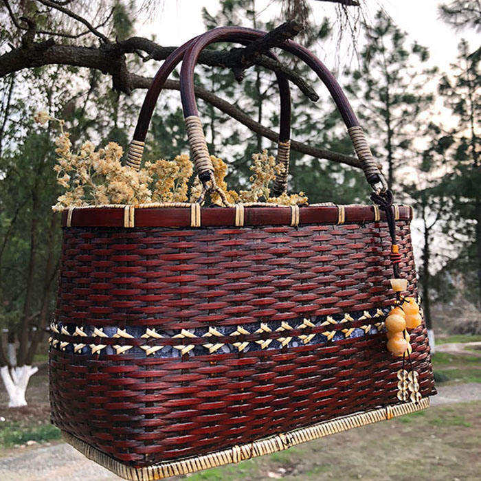 Retro Weave Womens Bamboo Handbag Handmade Large Tote Bag Wicker Basket Bag-White Flower