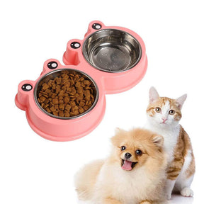 Double Dog Cat Bowls Cute Modeling No-Slip Stainless Steel Pet Bowls-Pink