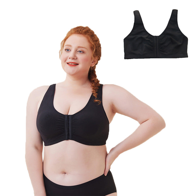 Womens Cotton Bra Front Closure Adjustable Wireless Underwear-Black