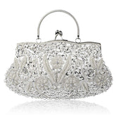 Beaded Sequin Design Flower Evening Purse Large Clutch Bag-Silver