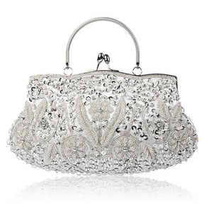 Beaded Sequin Design Flower Evening Purse Large Clutch Bag-Silver