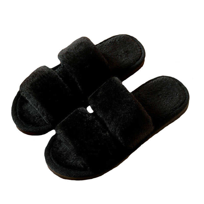 Womens Fuzzy Slippers Open Toe Cozy Memory Foam Sandals-Paralle Black