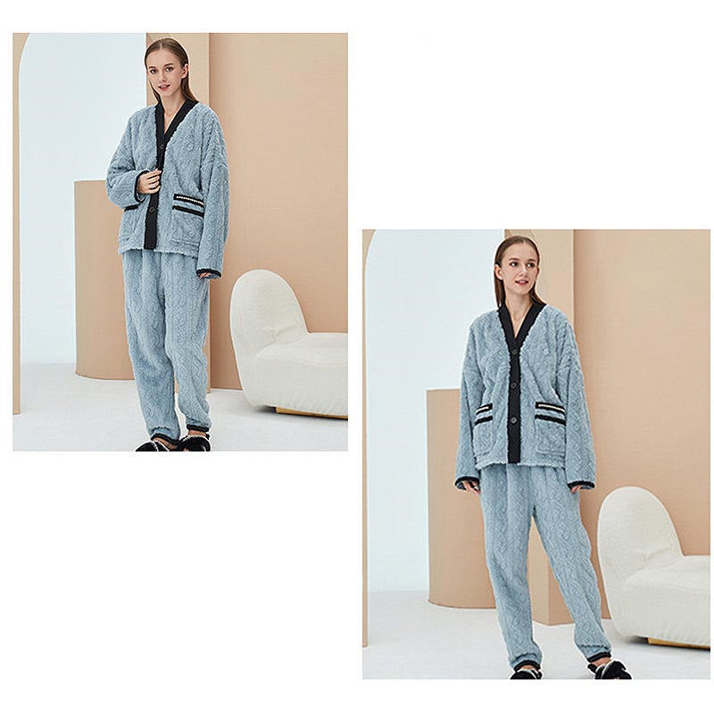 Women's Fleece Fashion Cardigan Pajama Set-Haze Blue