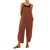 Womens Cotton Adjustable Casual Summer Bib Overalls Jumpsuits with Pockets-Red