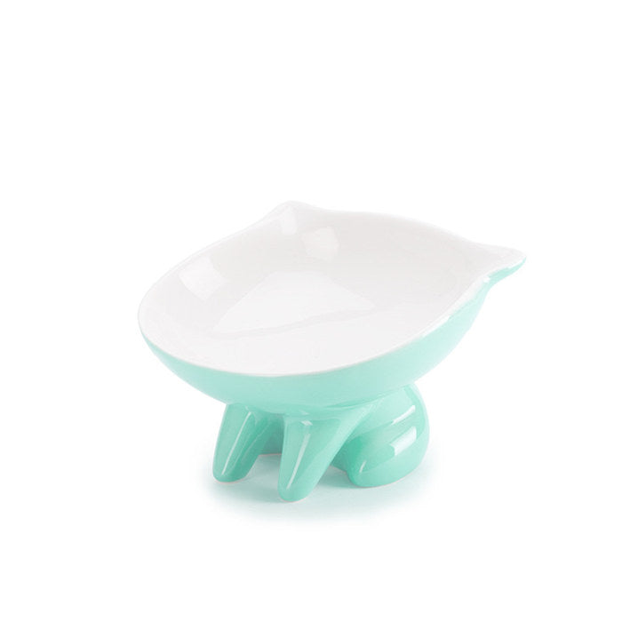 Raised Ceramic Cat Food Q Bowl Dish Tilt Angle Protect Cats Spine-Green