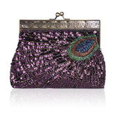 Peacock Clutch Sequined Beaded Evening Handbag-Purple